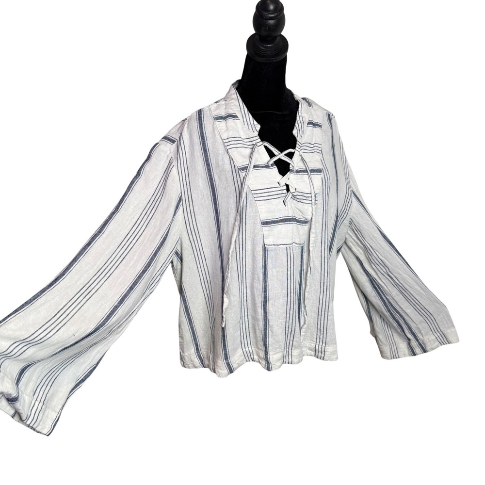 BOHO Flare Bell Sleeve Lace Up Tie Front Top Womens L Striped Popover Cropped